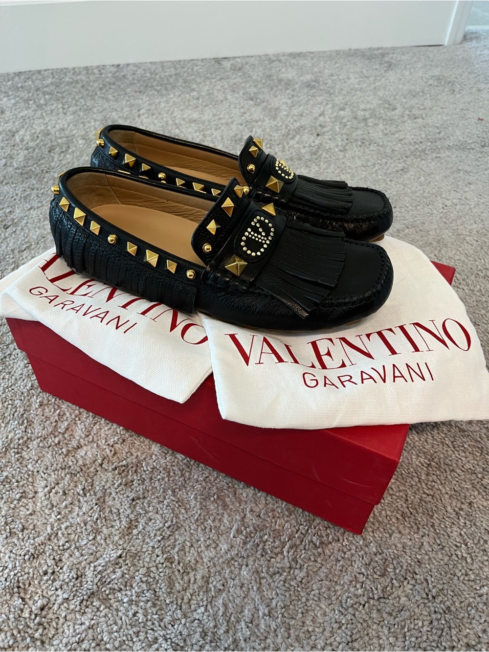 Valentino Garavani Black and Red Accent Leather Loafers Authentic - Size 7.5